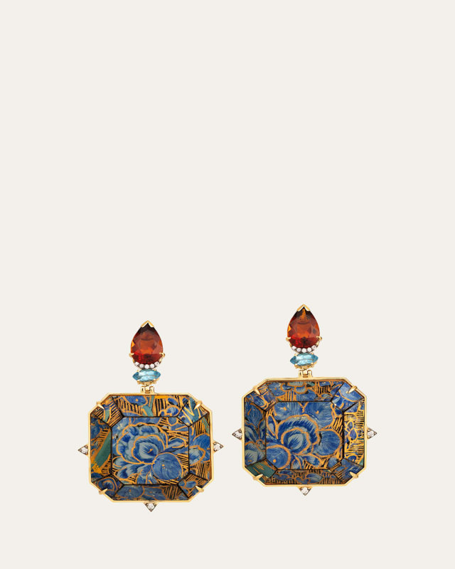 Papier Mache Drop Earrings with Blue Topaz, Citrine and Diamonds